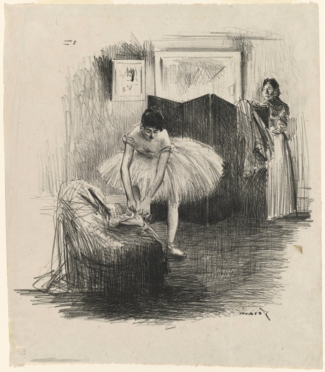 Dansös som knyter sin balettsko av Jean-Louis Forain