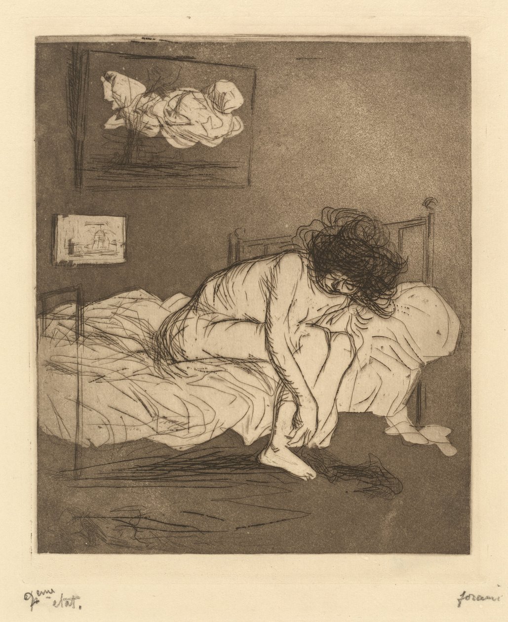 Kvinna som tar på sig strumporna (Woman Putting On Her Stockings) av Jean-Louis Forain