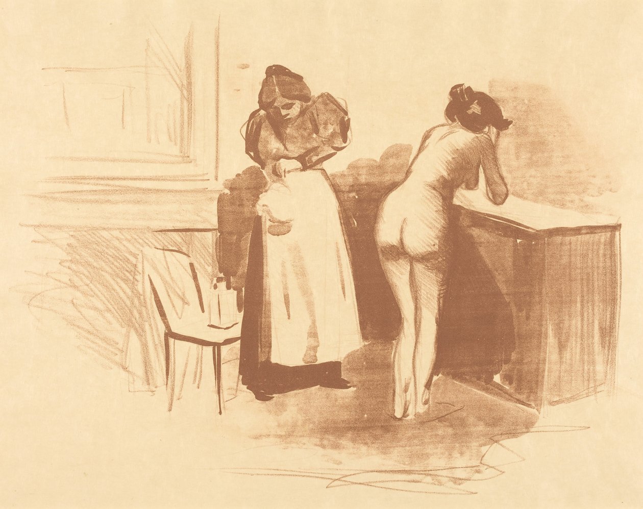 Friktionen mot handsken av hästhår (teckning i lavis och kontur) (The Massage with Coarse Hair Glove) (Wash and Line plate) av Jean-Louis Forain