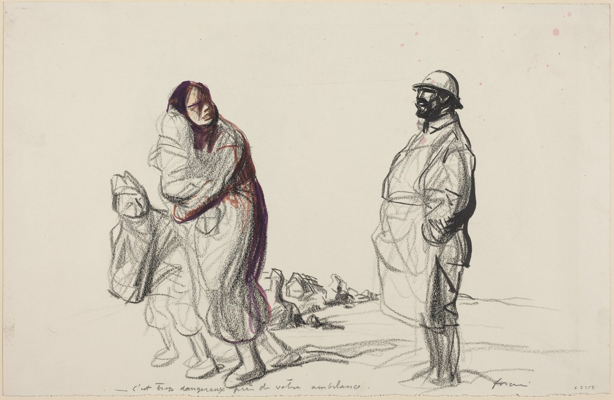 a) Det är för farligt nära er ambulans (framsida); b) Studie av mor och barn (baksida) av Jean-Louis Forain