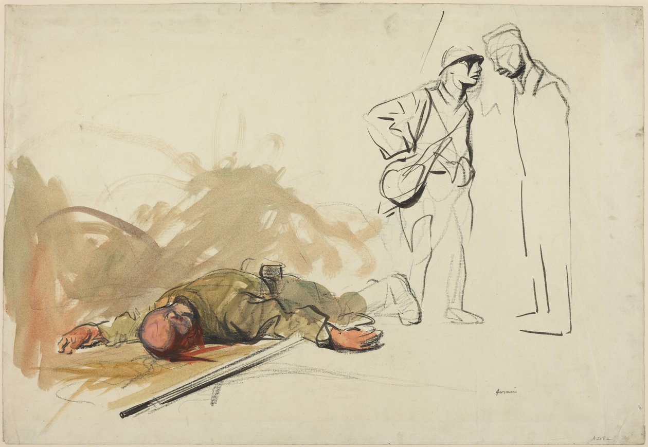 a) Död tysk soldat (framsidan); b) Soldatens huvud (baksidan) av Jean-Louis Forain