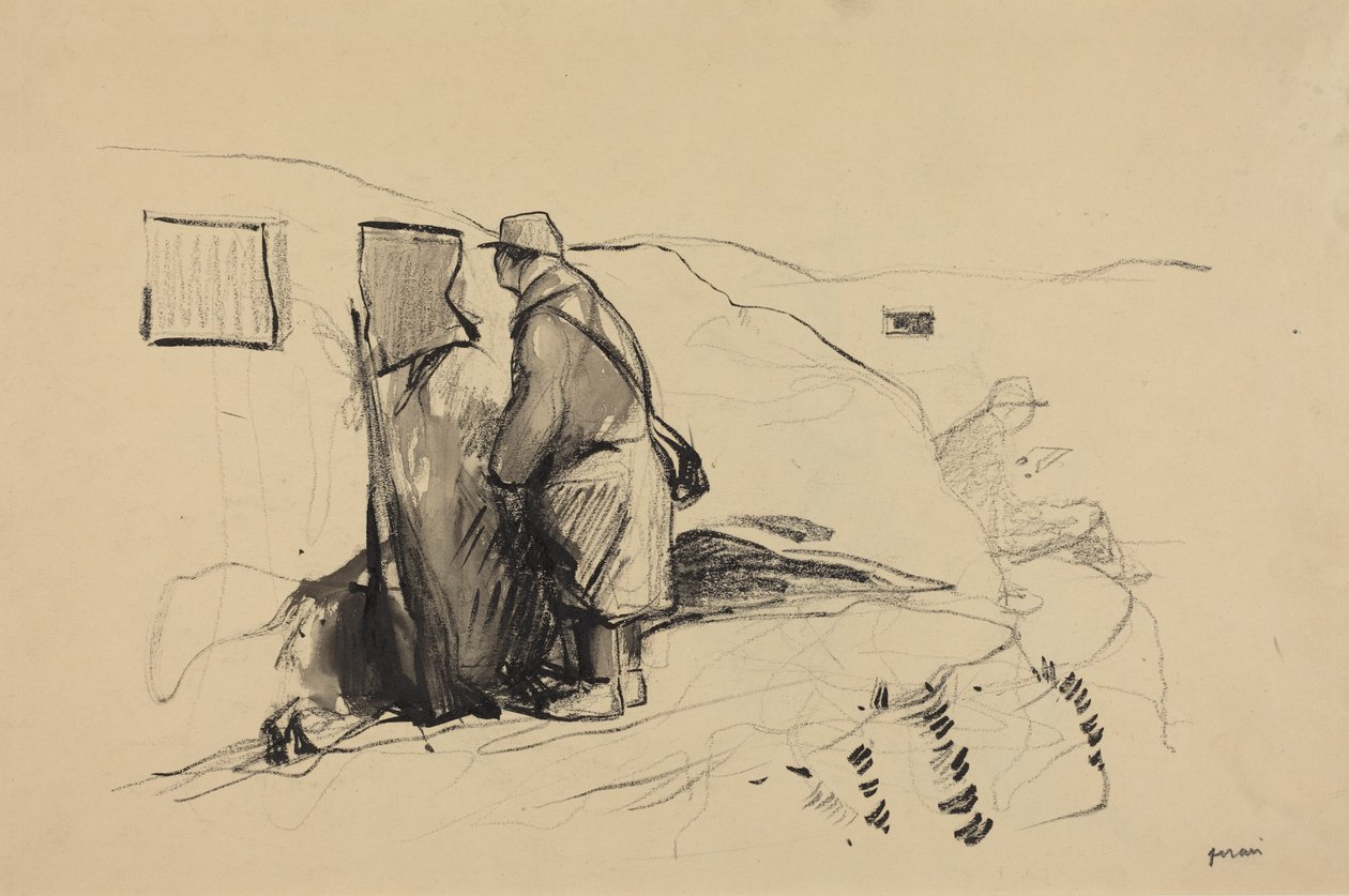a) I skyttegravarna (framsidan); b) Studie till I skyttegravarna (baksidan) av Jean-Louis Forain