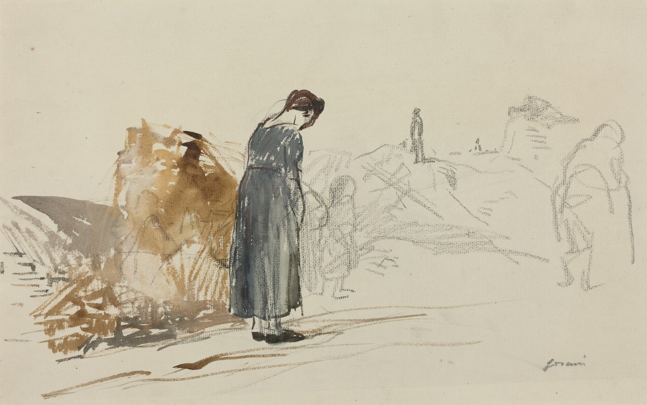 a) Tyskarna har lämnat platsen (framsida); b) Skiss av en man (baksida) av Jean-Louis Forain