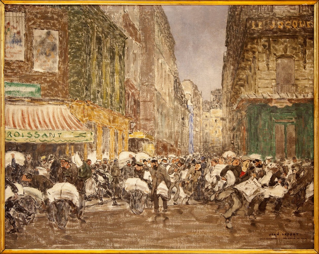 Utgivningen av kvällstidningarna, rue du Croissant 1914, Målning av Jean Louis (Jean-Louis) Lefort (1875-1954), som visar verksamheten för den press som traditionellt var etablerad i stora delar av Paris 2:a arrondissement, På café du Cr av Jean Louis Lefort