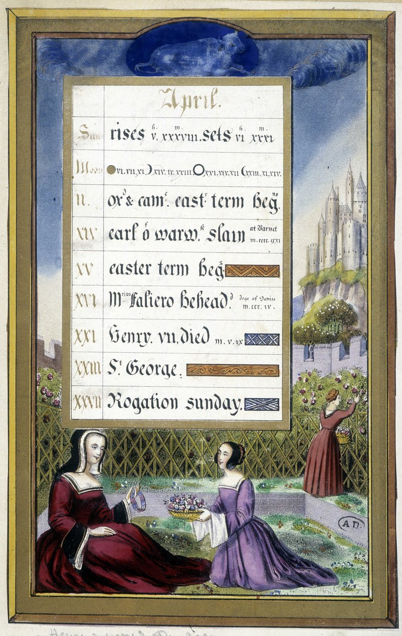 April: Damer i en trädgård (Oxen) - faksimil av Anne av Bretagnes timmar, av Jean Bourdichon av Jean (after) Bourdichon