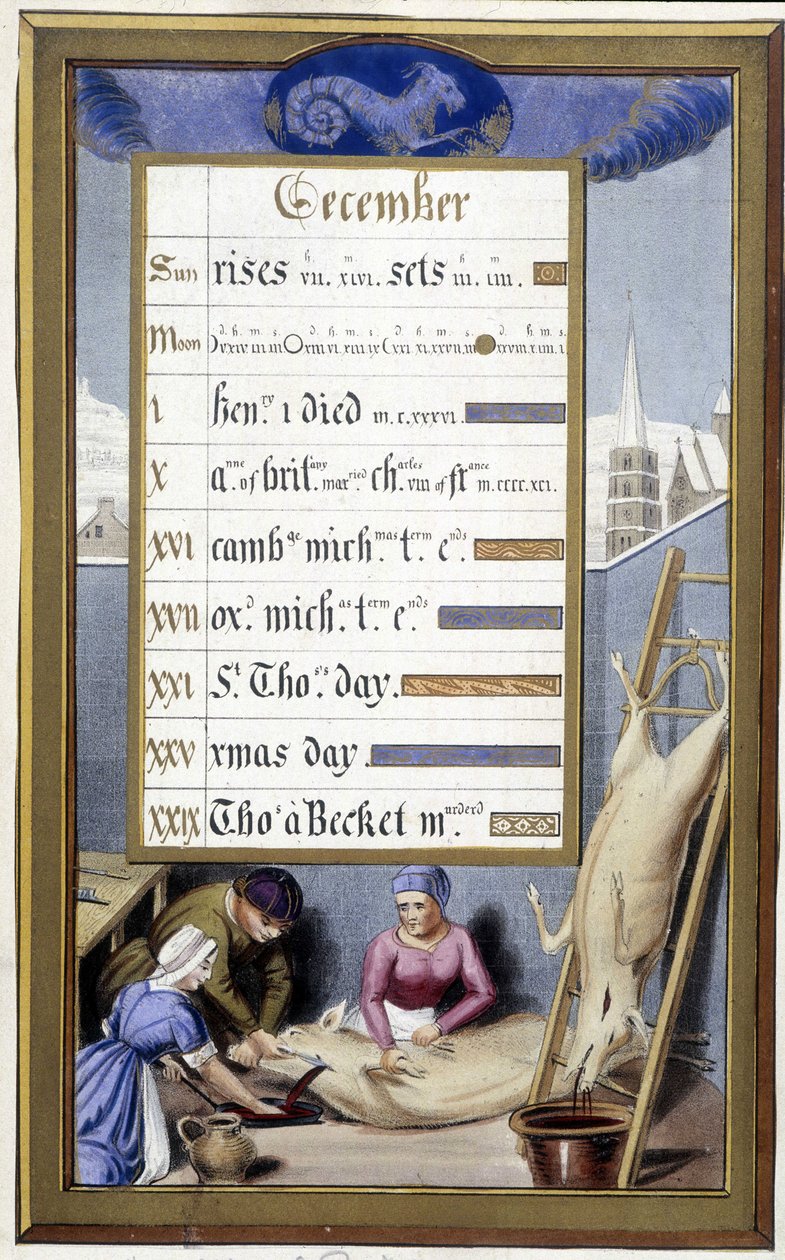 December och Stenbockens tecken: vi dödar grisen - Facsimile of the Hours of Anne of Bretagne av Jean Bourdichon av Jean (after) Bourdichon