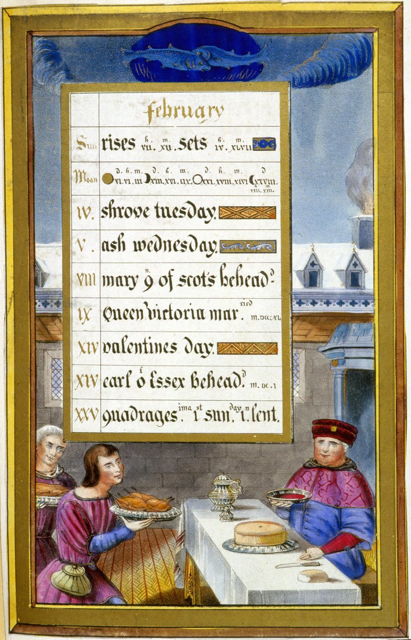 Februari: Måltidsscen (fisk) - faksimil av Anne av Bretagnes timmar, av Jean Bourdichon av Jean (after) Bourdichon