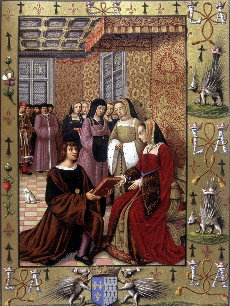 Jean Marot erbjuder sin bok Le Voyage de Genes till drottning Anne av Bretagne Efter en illumination av Jean Bourdichon, cirka 1508 av Jean (after) Bourdichon