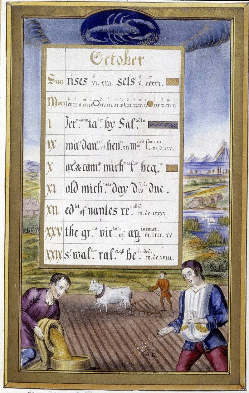 Oktober: plöjning och sådd, skorpionens tecken - i "" Anne av Bretagnes timbok"" av Jean Bourdichon av Jean (after) Bourdichon