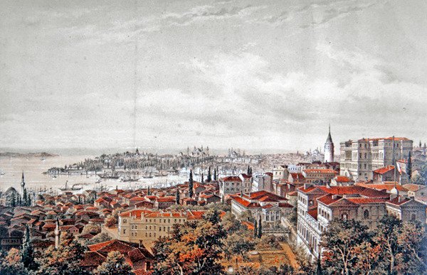 Allmän syn på Konstantinopel, ca 1850 (färg litho) av Jean (after) Brindesi