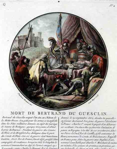Bertrand du Guesclins död (1311-80) graverad av Louis Roger av Jean (after) Duplessis Bertaux