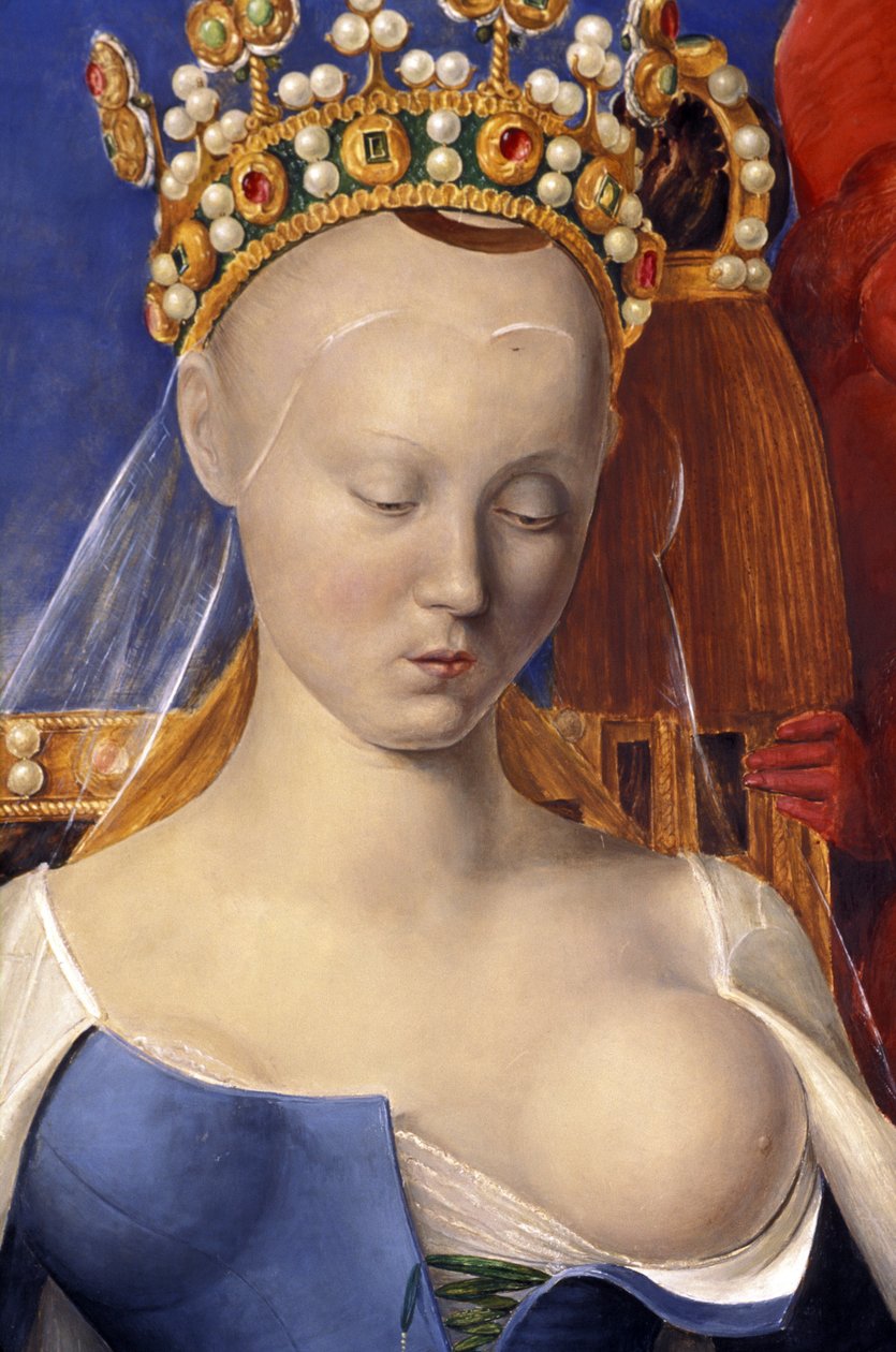 Detalj av The nursing Virgin avbildad som Agnes Sorel (efter Jungfrun av Antwerpen, av Jean Fouquet, cirka 1452-1455) av Jean (after) Fouquet