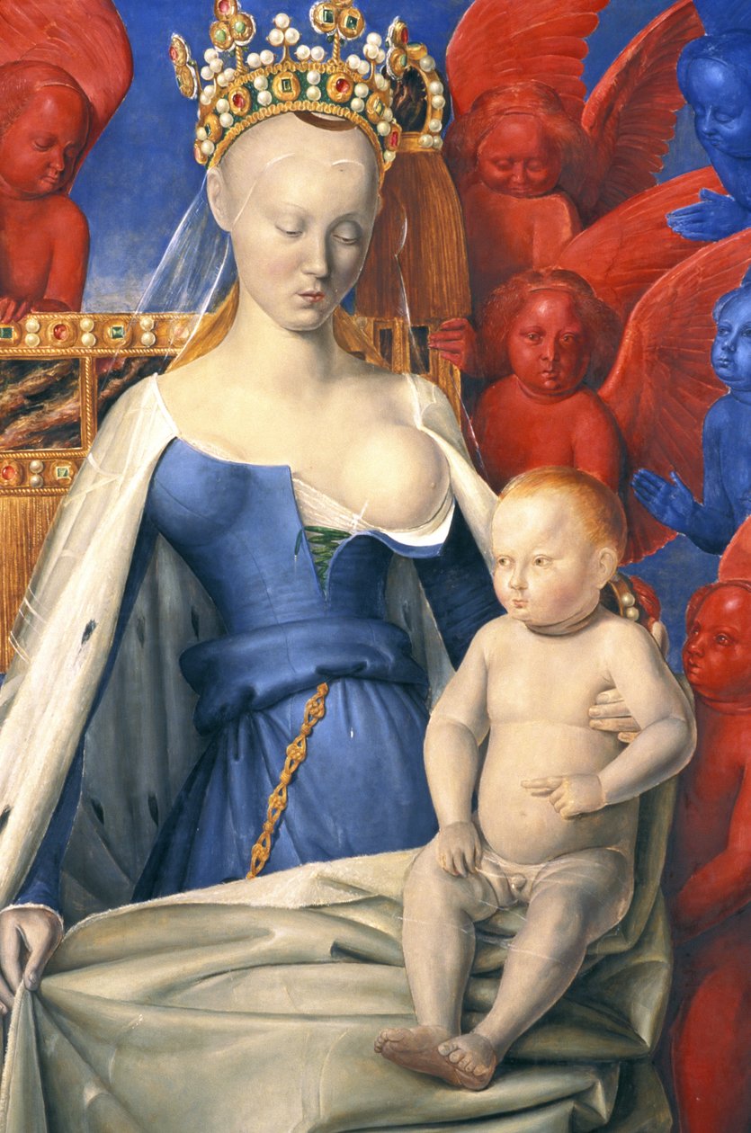 Den ammande jungfrun i hermelinrock avbildad som Agnes Sorel - detalj - (efter Jungfrun av Antwerpen, av Jean Fouquet, cirka 1452-1455) av Jean (after) Fouquet