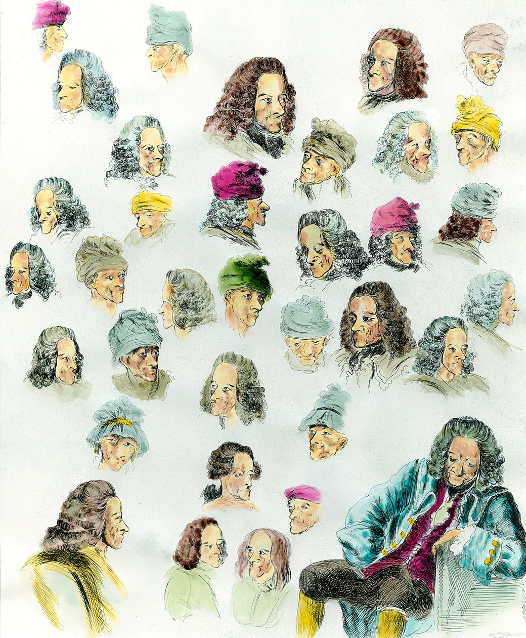Olika uttryck och frisyrer av författaren Francois Marie Arouet de Voltaire (1694-1778) gjorda efter målningarna av Jean Huber (1721-1786) 1700-talet av Jean (after) Huber