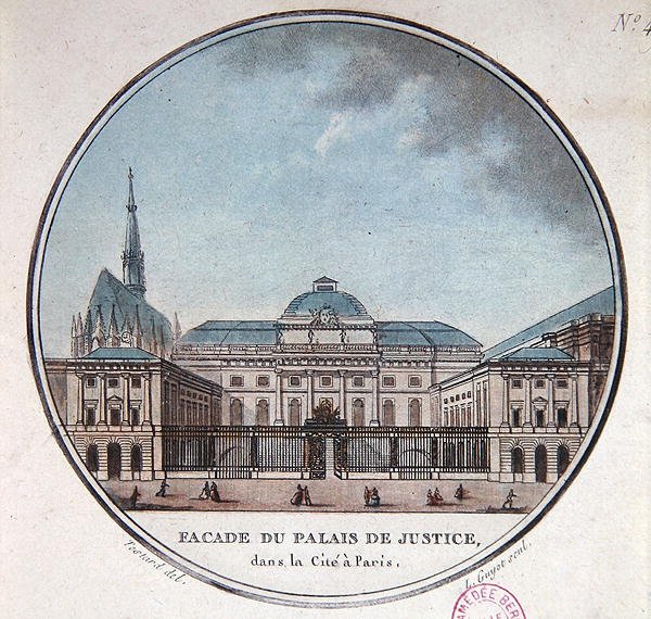 Fasad av Palais de Justice, ca 1785 (färg litho) av Jean (after) Testard