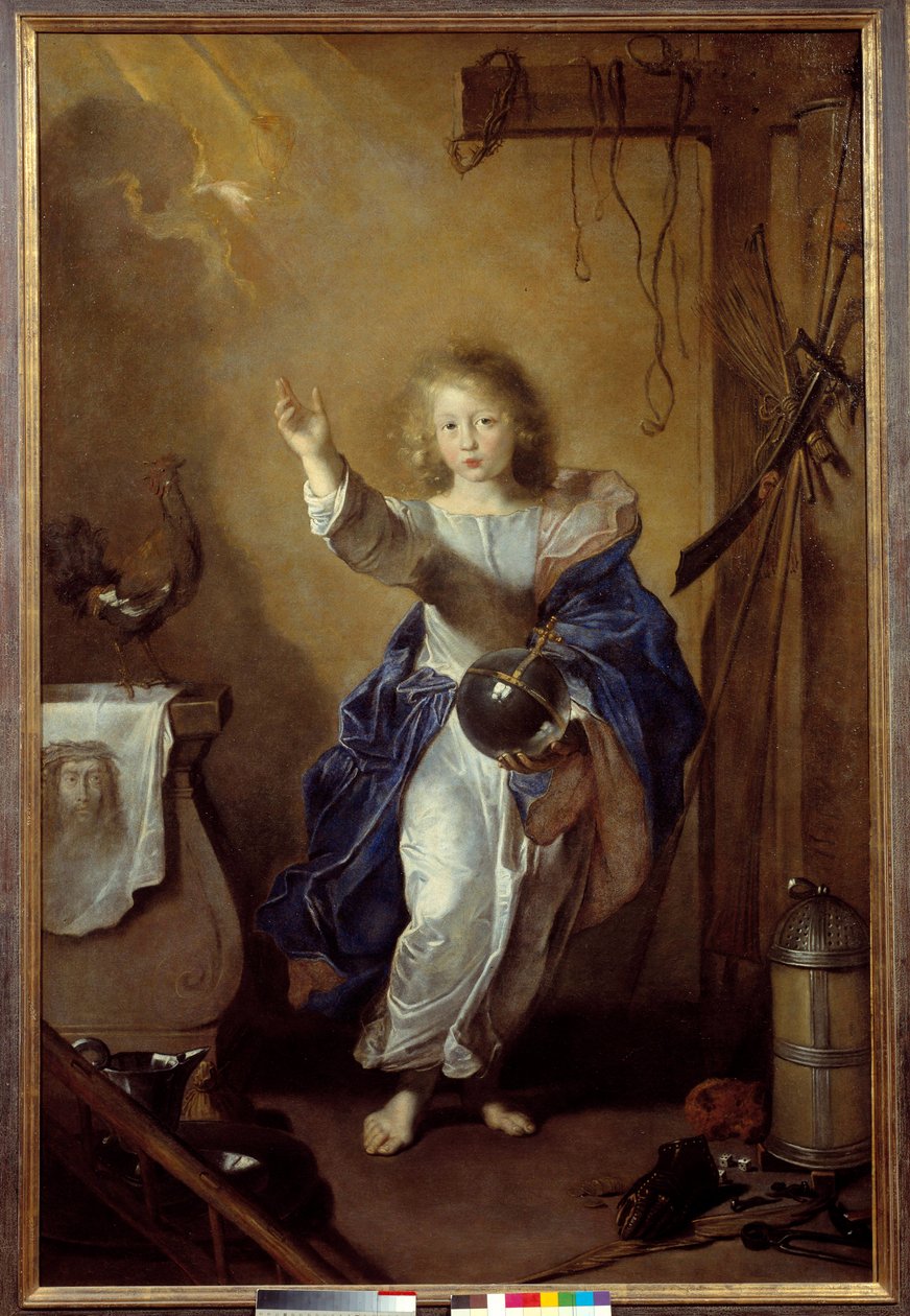 Världens Frälsare Representation av barnet Jesus som håller i sin hand världen och omger symboler för passionen och det heliga döljet. Målning tillskriven Jean Daret (1613/1615-1668) Sön. 1,64x1,1 m Caen, musee des Beaux Arts av Jean (attr. to) Daret