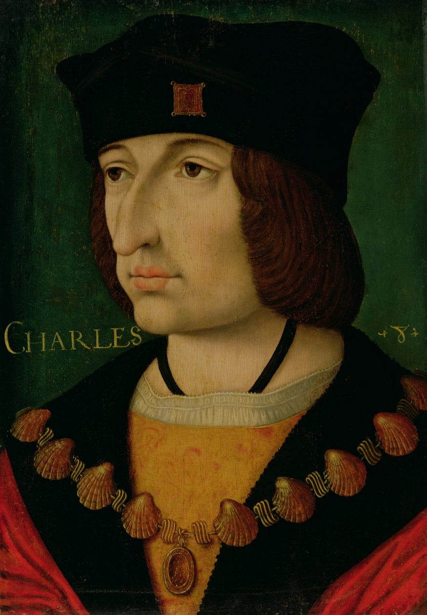 Porträtt av Karl VIII (1470-98), kung av Frankrike (olja på pannå) (se även 191337) av Jean (attr.to) Bourdichon