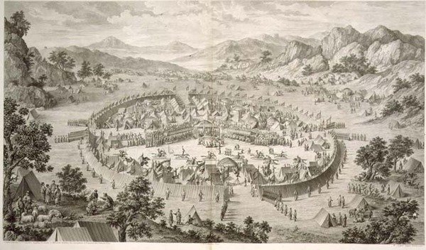 Tchao-Hoei ockuperar sina trupper med övningar och militära spel 1758, plåt 5 från en serie tryck som representerar erövringarna av Qianlong, kejsaren av Kina, graverad av Pierre Philippe Choffard (1730-1809) 1772 (gravyr) av Jean (d.1781) (after) Damascene