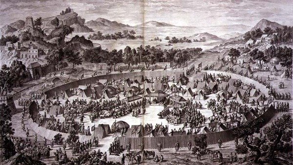 Tchao-Hoei i sitt läger nedanför Yerechims murar tar emot hyllningen av invånarna i staden och provinsen i juli 1759, plåt 4 från serien av tryck som representerar erövringarna av Qianlong, Kinas kejsare, graverad av Pierre Philippe Cho av Jean (d.1781) (after) Damascene