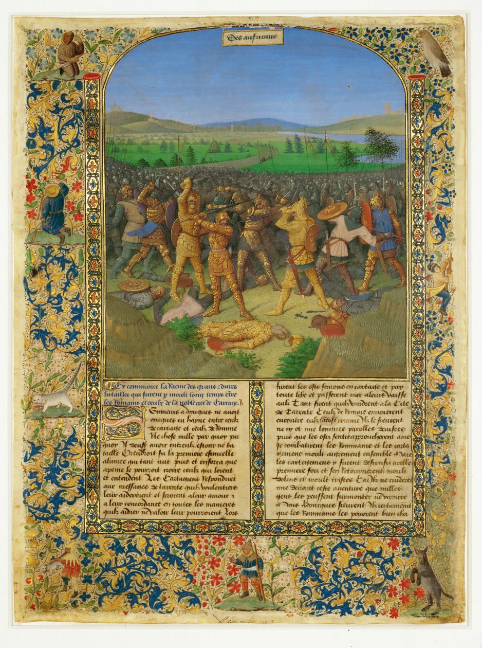 Ett slag mellan romare och kartager, troligen slaget vid Cannae... av Jean (style of) Fouquet