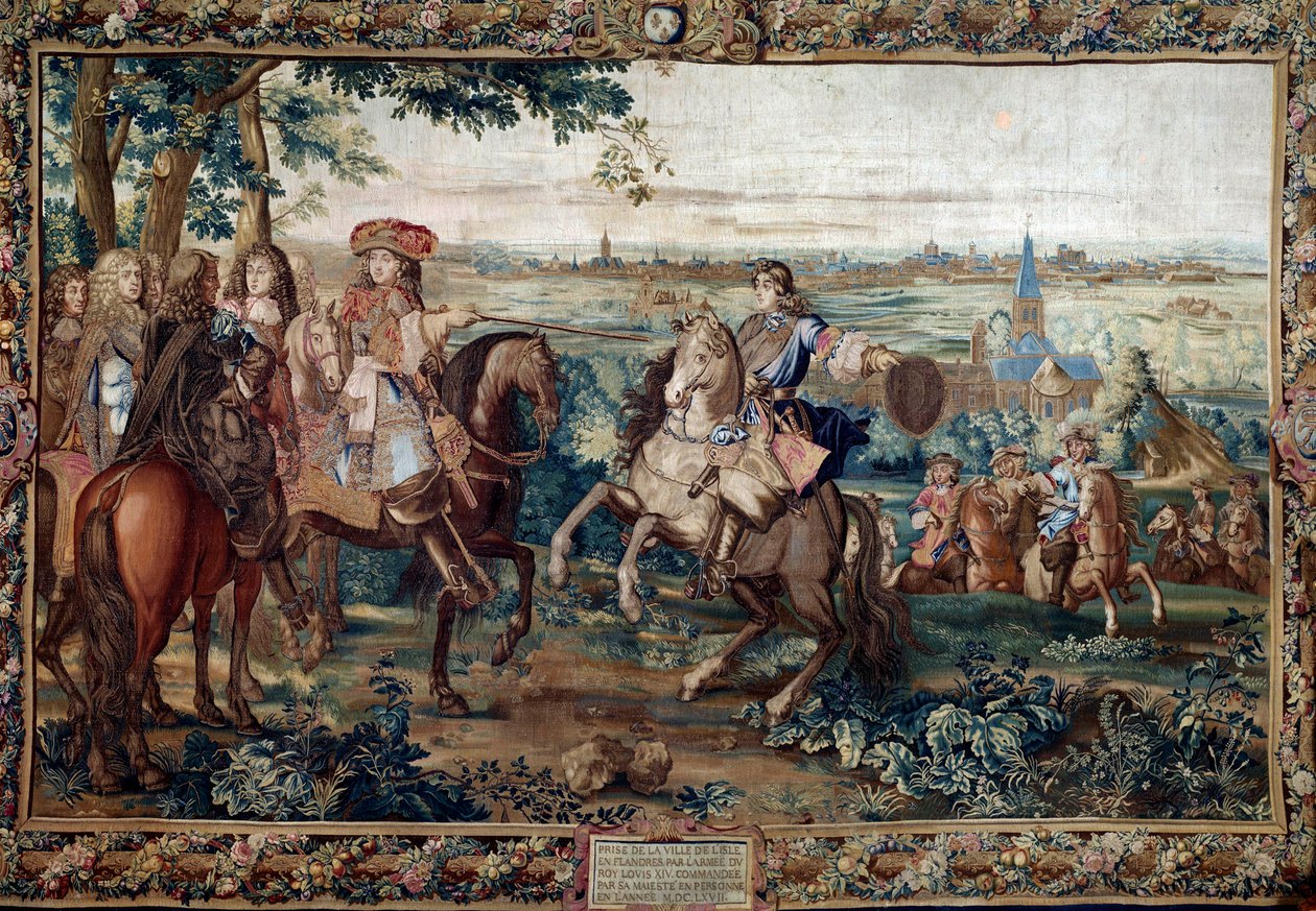 Fortsättning från Histoire du Roi: "" Capture of Lille av Ludvig XIV, augusti 1667 efter Saint Andres kartong. Målning gjord av Jean Mozins verkstad (1600-talet) på Gobelins fabrik. Dämpa. 3,7x5,5 m. Versailles, slottsmuseum av Jean (workshop) Mozin