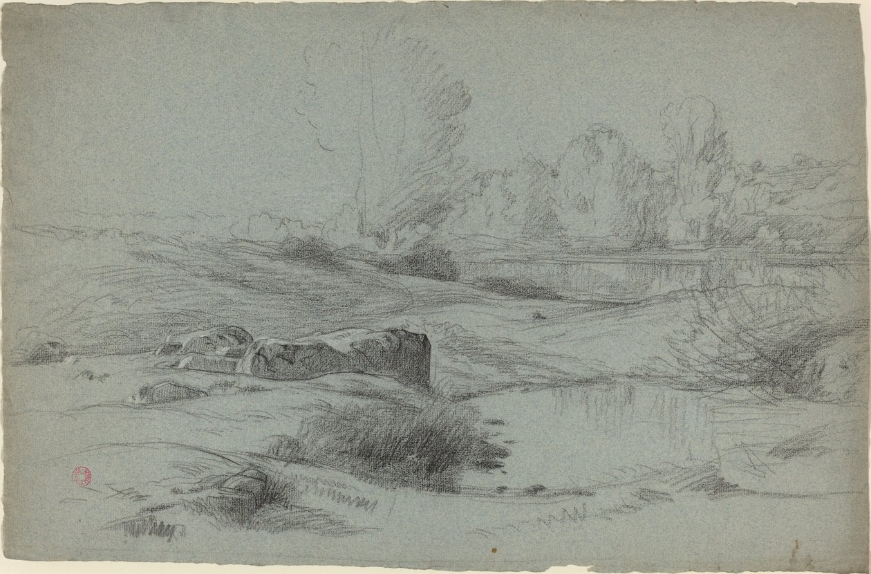 En stenig äng vid en flod av Jean Achille Benouville
