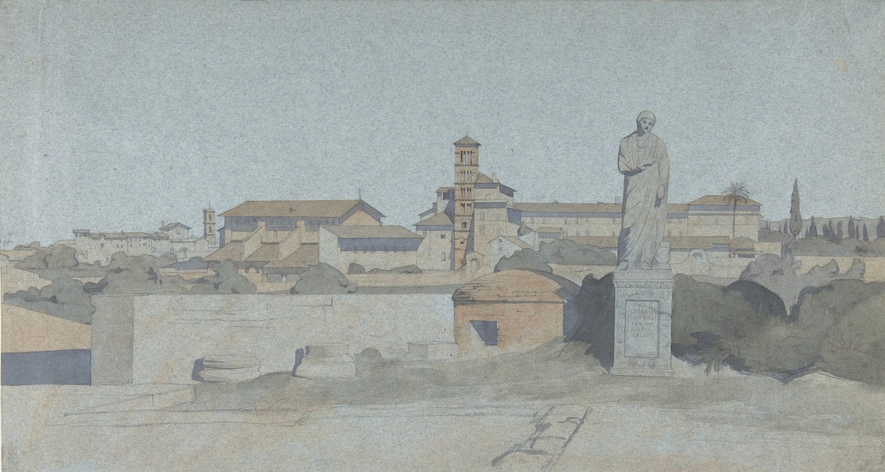 SS. Giovanni e Paolo, sett från Villa Mattei, Rom, . av Jean Achille Benouville