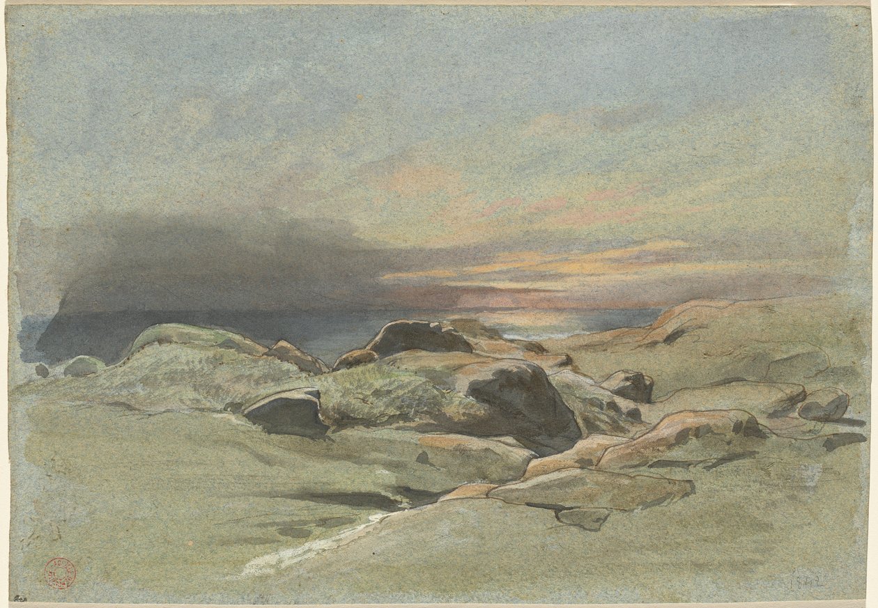 Solnedgång från en stenig kustlinje av Jean Achille Benouville