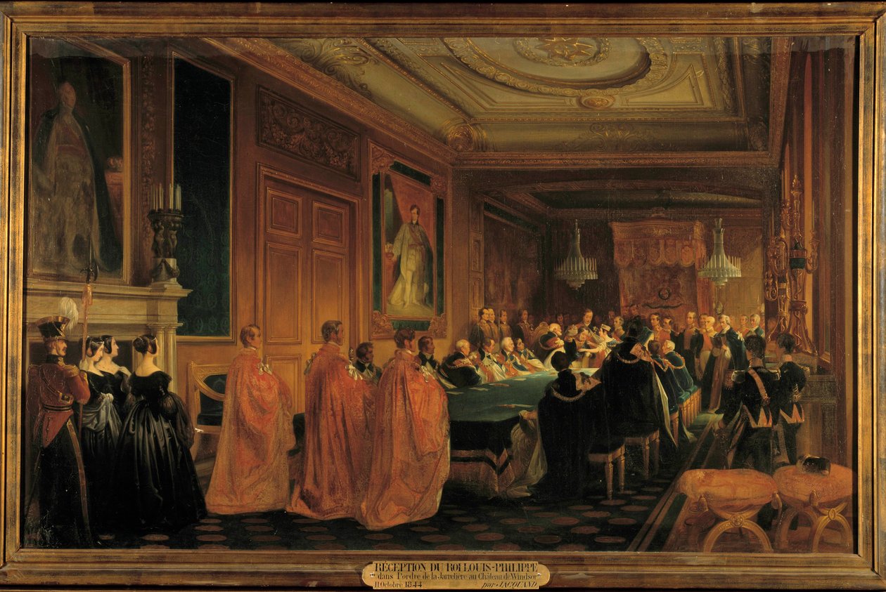 Drottning Victoria (1819-1901) tar emot kung Louis-Philippe 1:a (1773-1850) som riddare i orden av Jarretiere, vid Windsor Castle av Jean Alaux