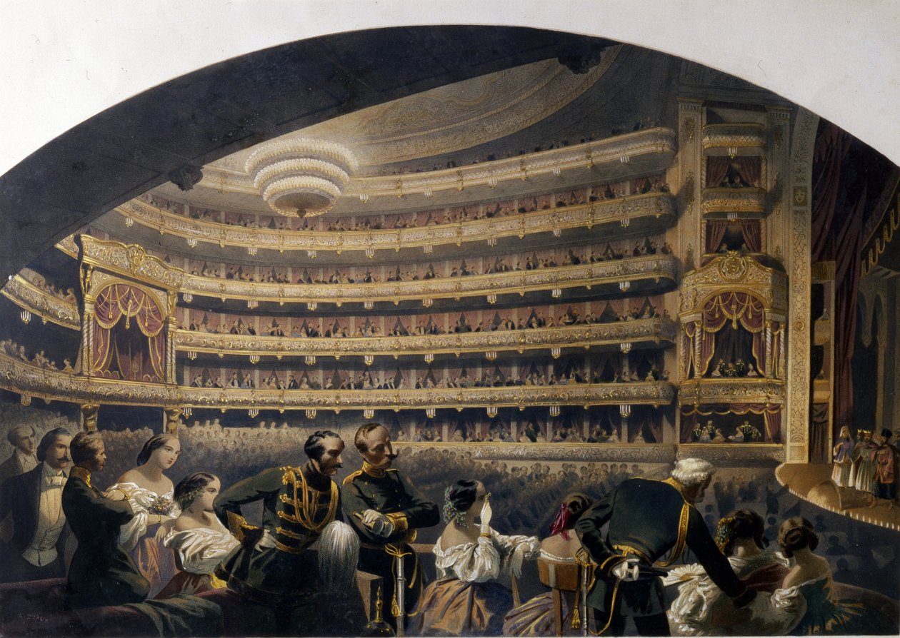 Publiken i en låda på Bolsjojteatern (Moskva, Ryssland). (Publik i en låda av Bolsjojteatern). Verk av Jean Alexandre Duruy (1800-talet), litografi, tidigt 1800-tal, fransk konst, klassicism. Statens museum för teater och musikkonst, Saint Pe av Jean Alexandre Duruy