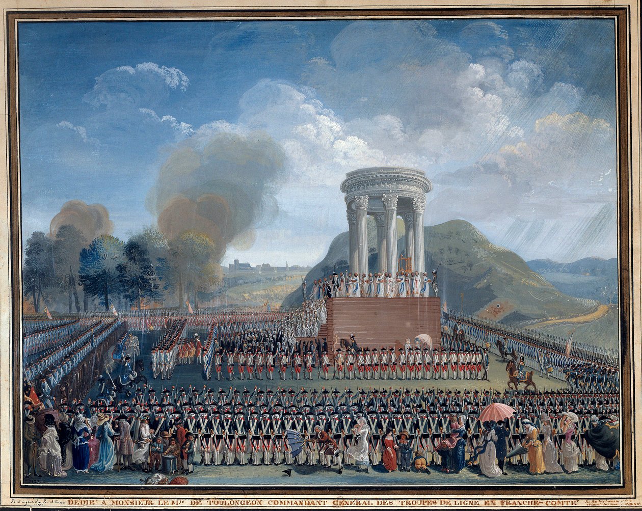 Federationens högtid i Besançon 14/07/1790 Målning av Jean Alexis Cornu (1755-1807) Besançon. Musee Des Beaux Arts - Federationens festival i Besançon den 14 juli 1790. Målning av Jean Alexis Cornu (1755-1807). Beaux-Arts Museum, Besançon, Frankrike av Jean Alexis Cornu