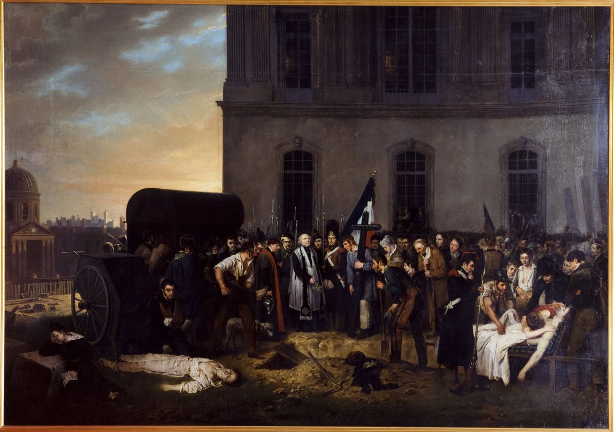 Tillfällig begravning av offren från juli framför Louvrens kolonnad av Jean Alphonse Roehn
