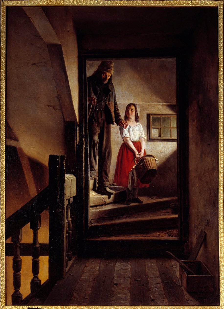 Ålderdomspinnen En liten flicka hjälper en gammal man nerför en trappa. Målning av Jean Alphonse Roehn (1799-1864) 1852 Rouen, Musee des Beaux Arts av Jean Alphonse Roehn