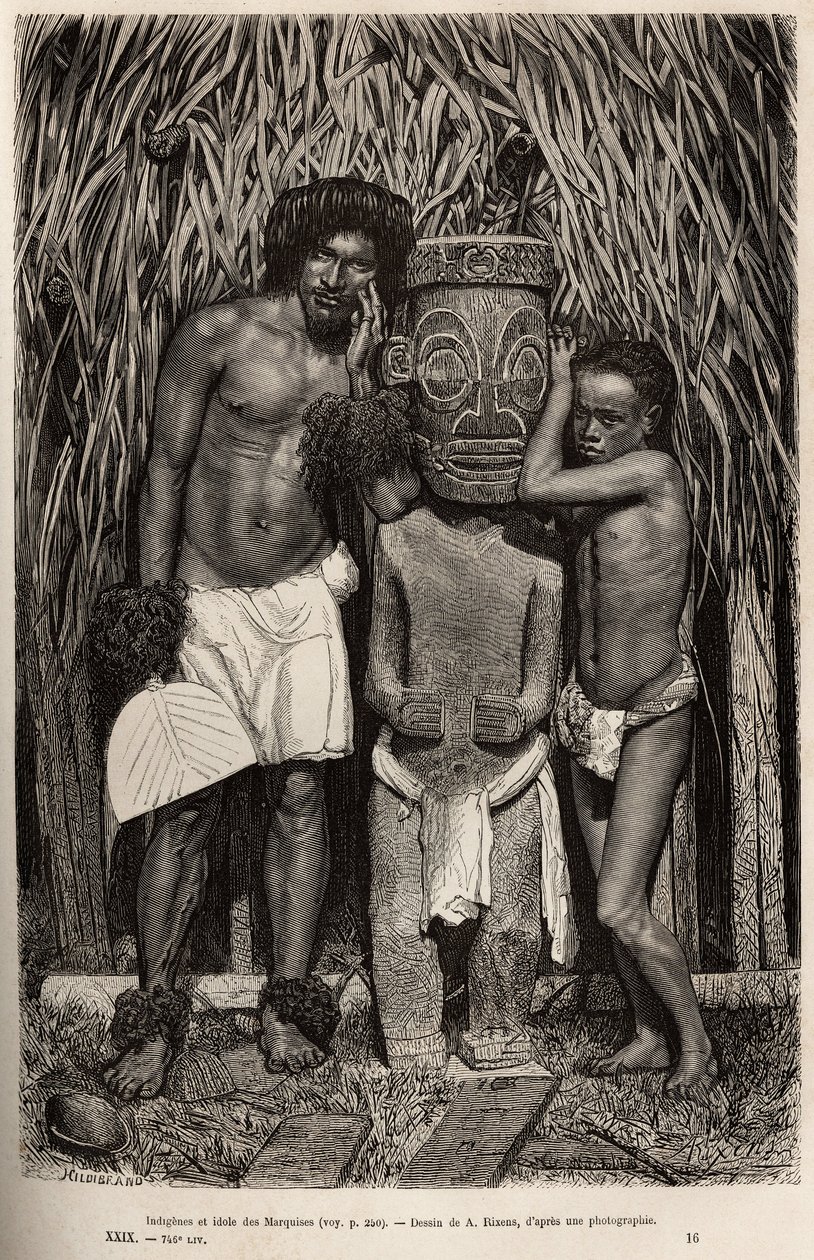 En invånare på ön Hiva-Oa (Hiva Oa) och hans son, som omger en snidad träidol föreställande guden Tiki, i skärgården på Marquesasöarna, graverad efter en teckning av A.Rixens som illustrerar minnena från Stilla havet, i 1872-1874, av av Jean Andre Rixens