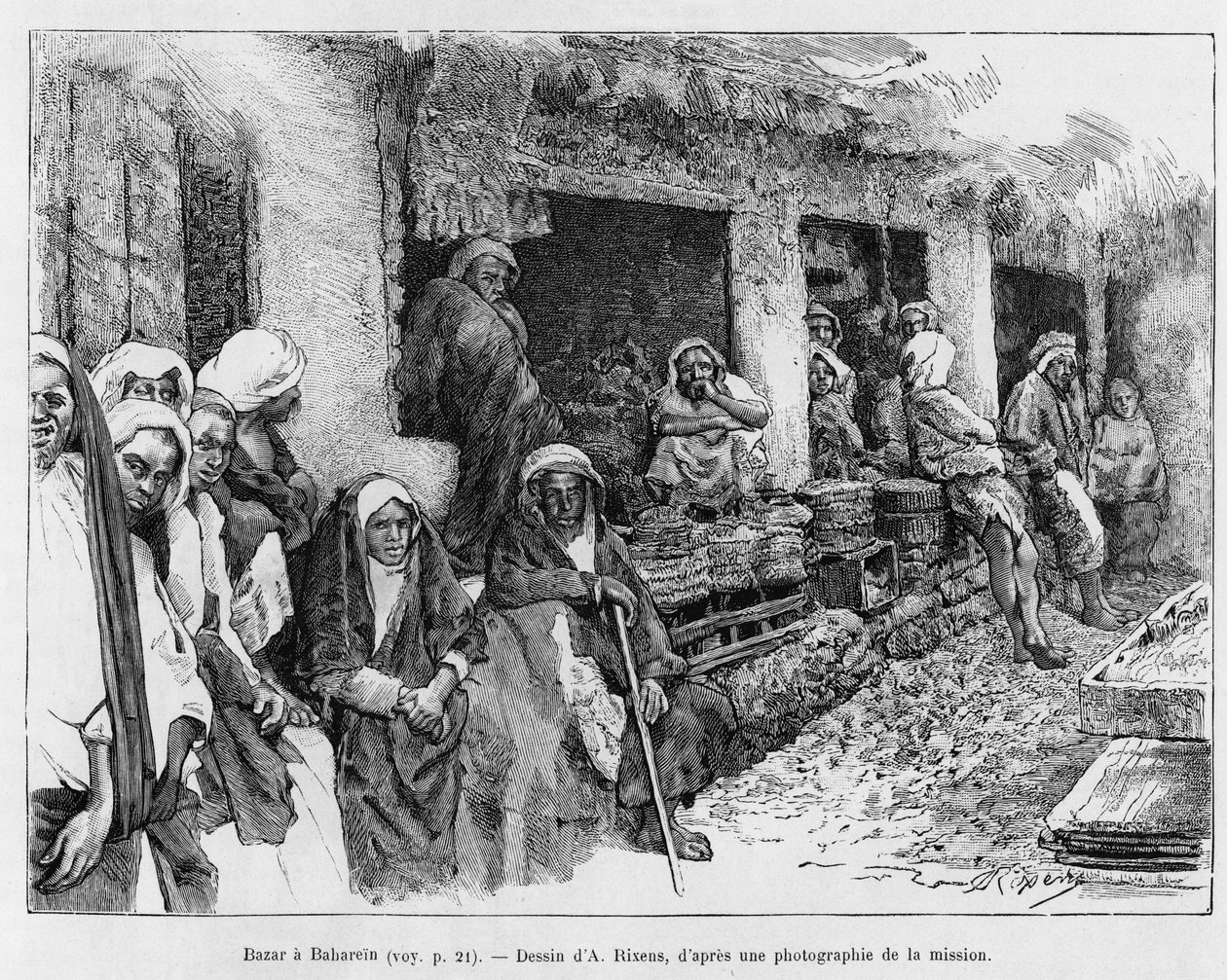 Bazaar i Bahrain, Tchad. Gravyr av A.Rixens för att illustrera berättelsen A Suse, journal des excavilles av Jean Andre Rixens