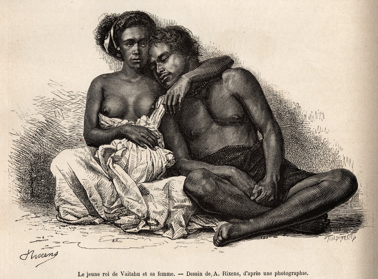 Den unge kungen av Vaitatu, på ön Tauata, i Marquisesöarnas skärgård, omger sig i sin hustrus armar, graverad efter en teckning av A.Rixens som illustrerar minnena från Stilla havet, 1872-1874, av A.Pailhes, ett fartygs av Jean Andre Rixens