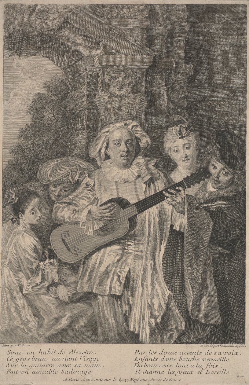 I Mezetins kostym, tryck gjord av Henri Simon Thomassin ca 1717-1726 (etsning) av Jean Antoine (after) Watteau
