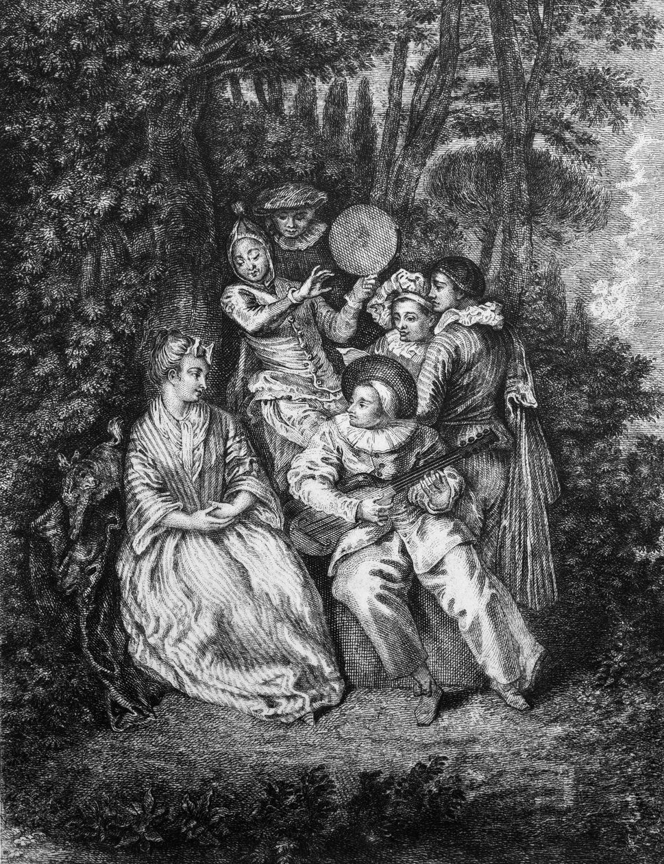 Den italienska serenaden graverad av Gerard Jean Baptiste Scotin (1671-1716), efter Watteau- av Jean Antoine (after) Watteau
