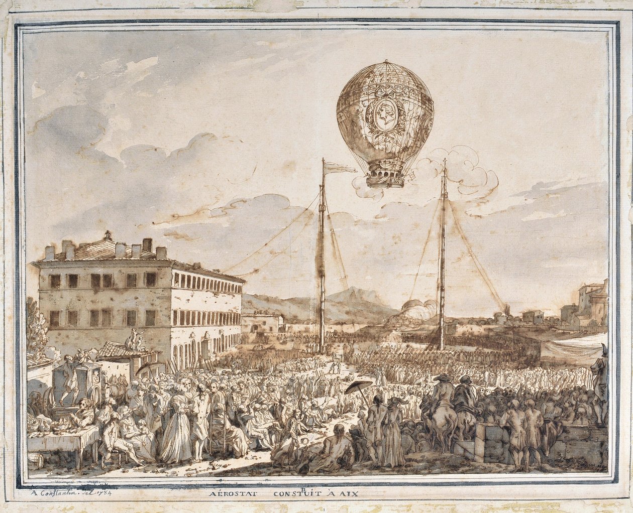 Aerostat inbyggd i Aix. En ballong byggd i Aix en provence. Teckning av Jean Antoine Constantin dit Constantine d