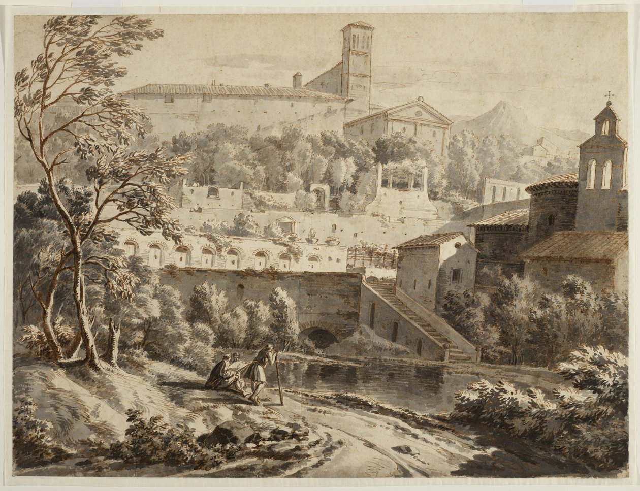 En konstnär som skissar längs en flodstrand, nedanför en italiensk stad, ca 1780 (bläck & tvätt på papper, spår av svart krita) av Jean Antoine Constantin
