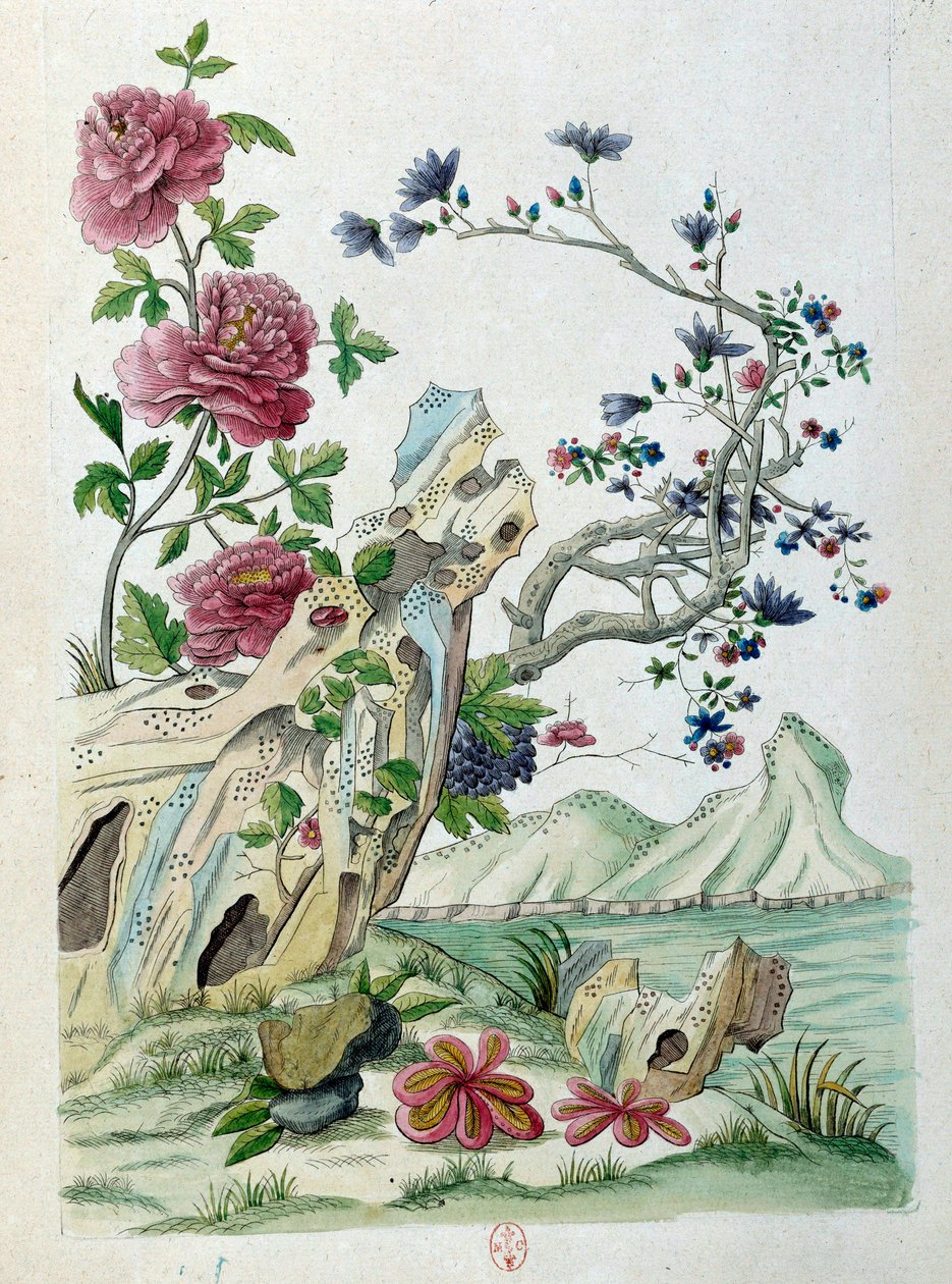 Teckning från en kinesisk vas: blommor i ett landskap. Målning av Jean Antoine Fraisse (1700-talet) av Jean Antoine Fraisse