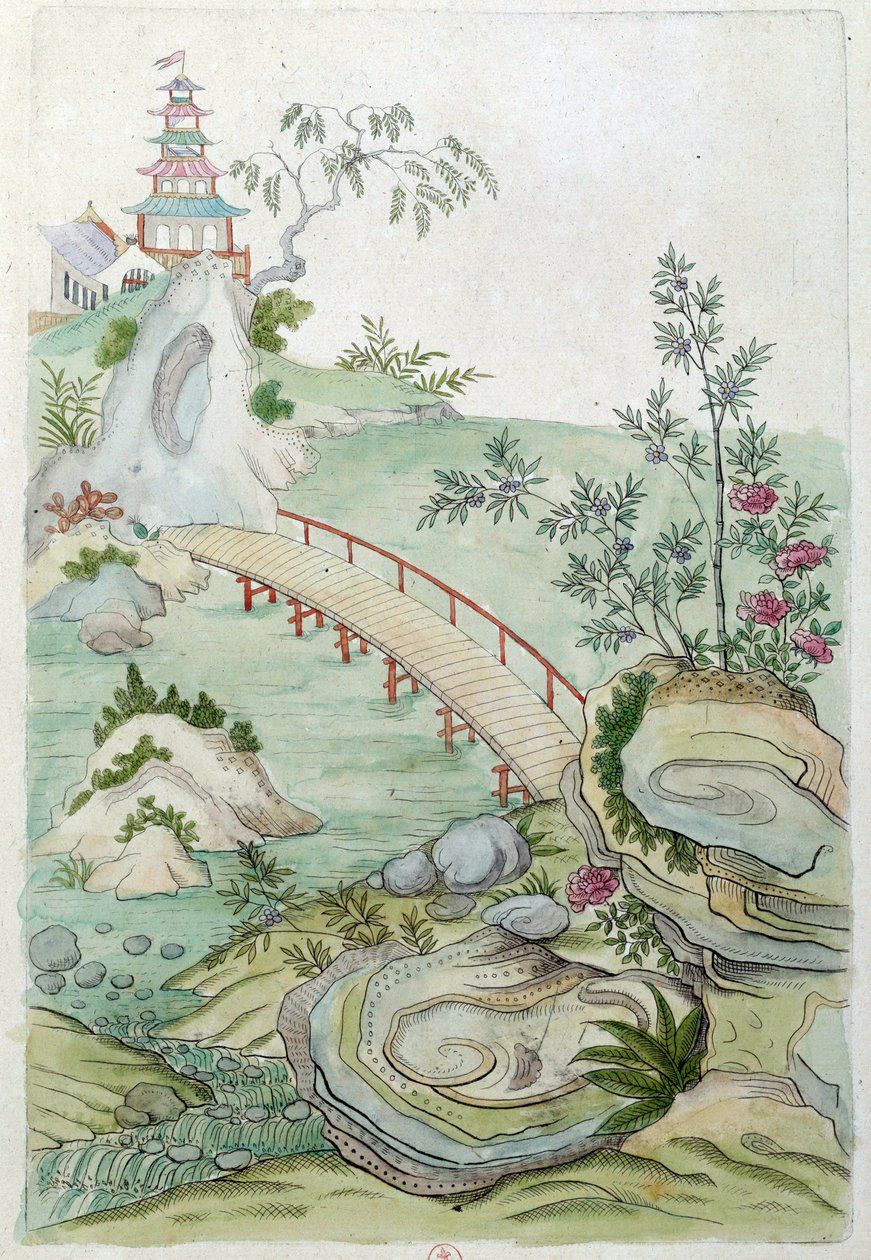 Ritning från en kinesisk vas: landskap med bro. Målning av Jean Antoine Fraisse (1700-talet) av Jean Antoine Fraisse