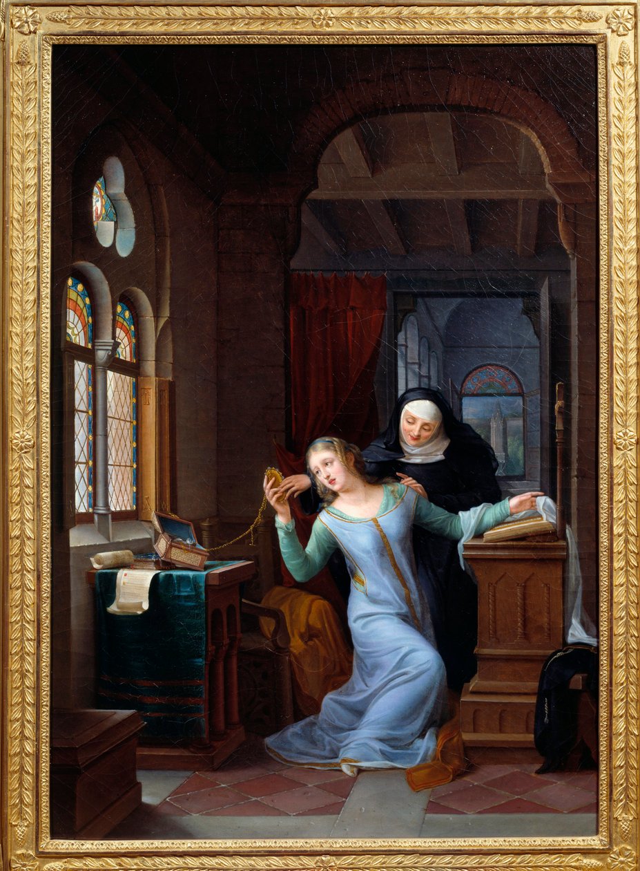 Heloise (1101-1164) omfamnar klosterlivet Heloise och Abelards historia, legendariskt par. Målning av Jean Antoine Laurent (1763-1832) 1800-talet sön. 0,84x0,58 m Malmaison, musee du chateau av Jean Antoine Laurent