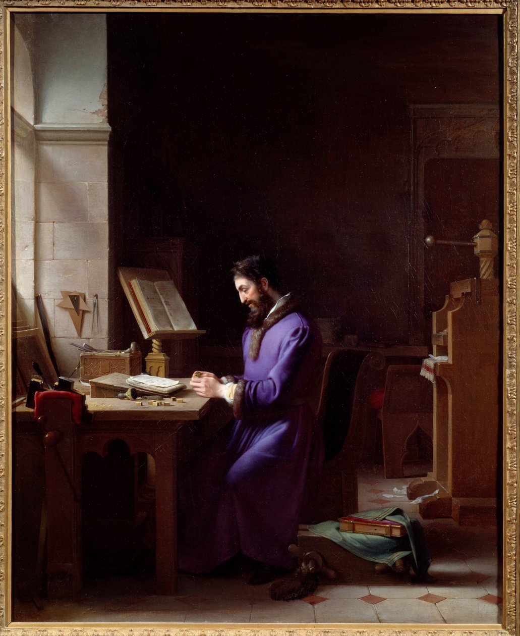 Johannes Gensfleisch Gutenberg (1400-1468) uppfinner tryckpressen Den tyska tryckaren är en representant som hanterar karaktärer på sitt kontor. Målning av Jean Antoine Laurent (1763-1832) 1830 Grenoble, Musee des Beaux Arts av Jean Antoine Laurent