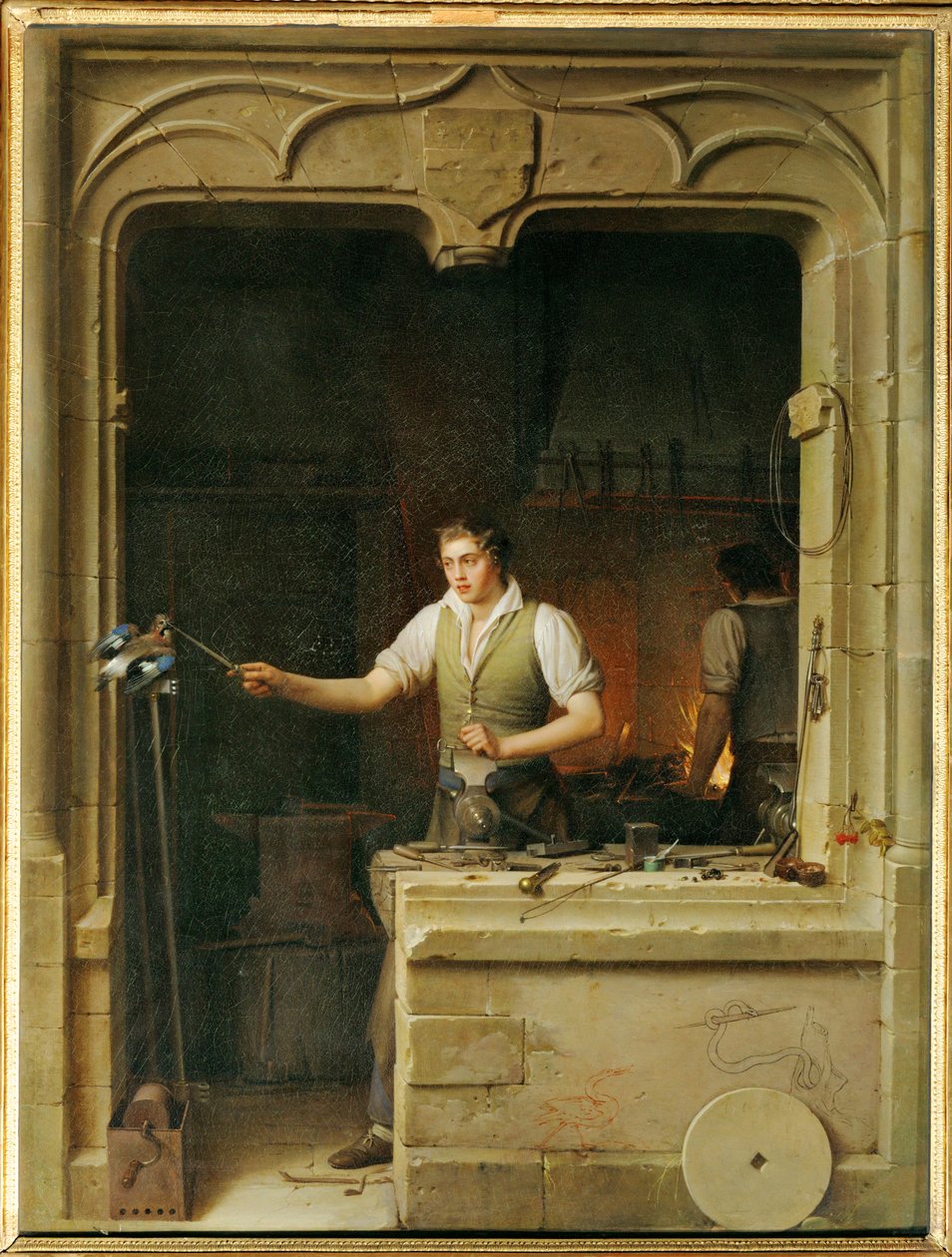 Un serrurier cherche a faire mordre sa lime a un geai- En låssmed försöker få en kaja att bita i hans spärrhake ... av Jean Antoine Laurent