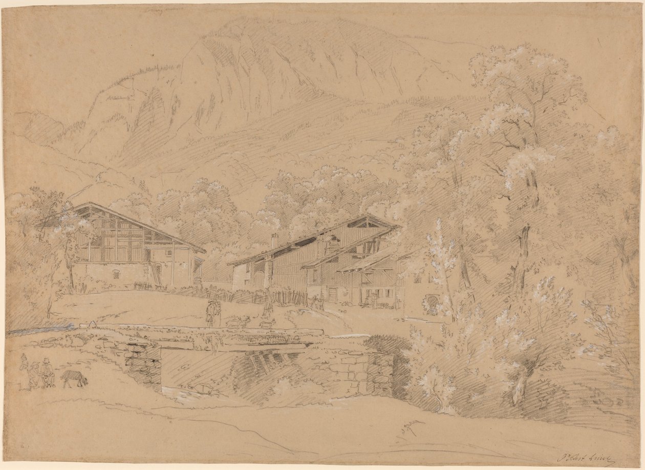 An Alpine Village in Summertime (svart krita och grafit förstärkt med vit krita på brunt papper) av Jean Antoine Linck