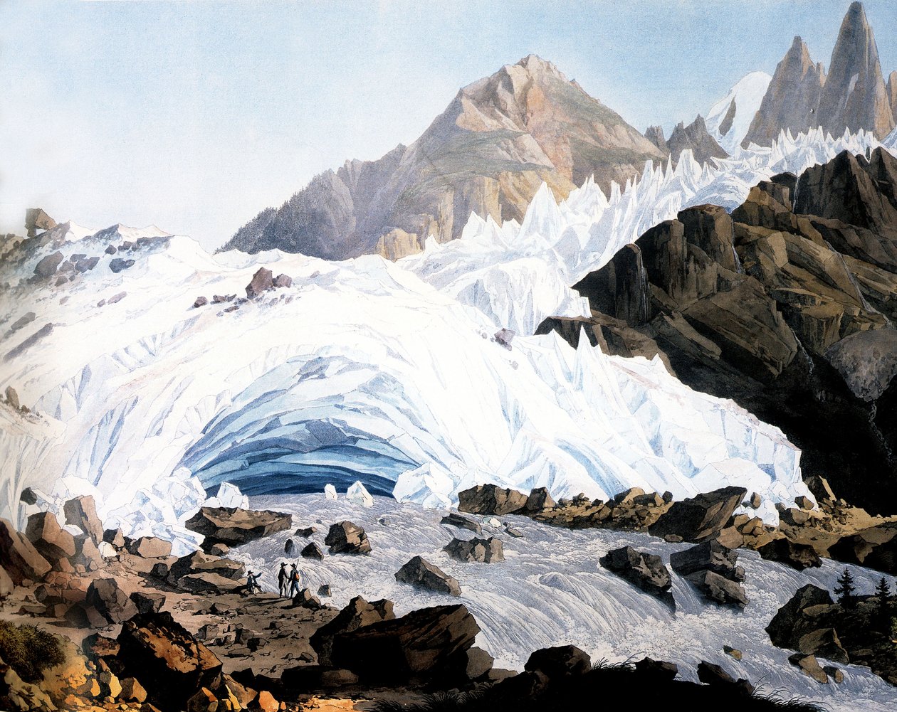 Chamonix: Arveyrons källa, ca 1800 (gravyr) av Jean Antoine Linck