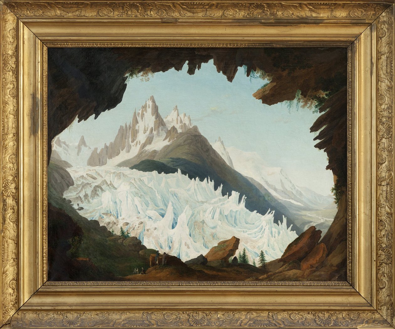 Utsikt över Alperna tagen från valvet som heter Chapeau of the Woods Glacier (olja på duk) av Jean Antoine Linck