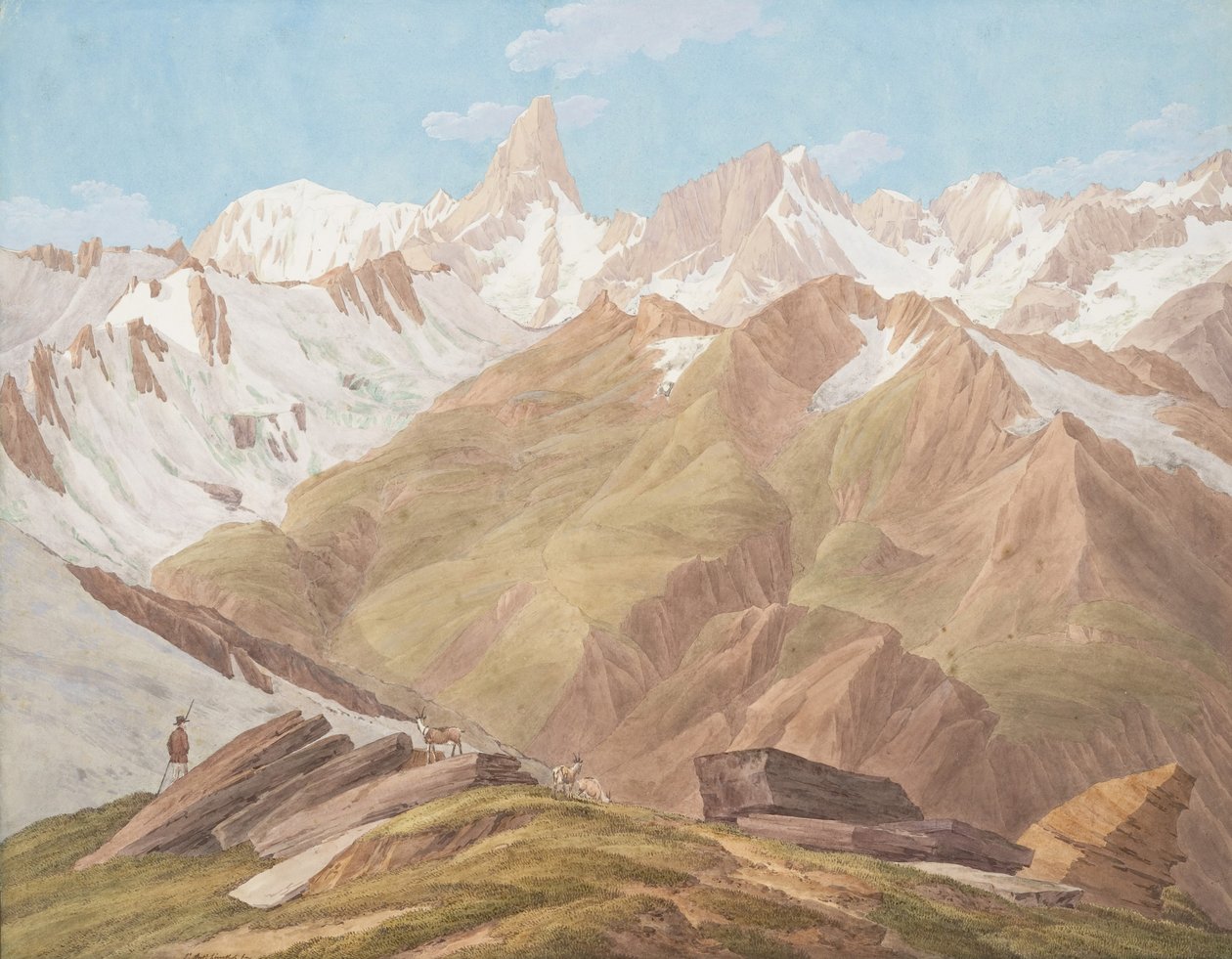 Utsikt över Mont Blanc-massivet nära Petit Jorasse, Grand Jorasse, le..., sent 1700-1800-tal av Jean Antoine Linck