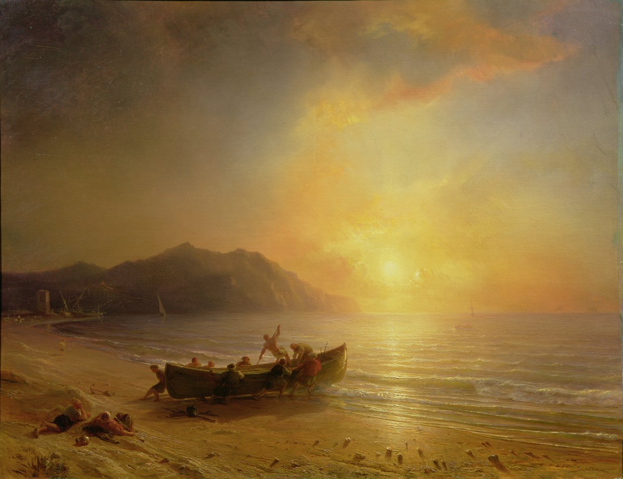 Ett kustlandskap med arabiska fiskare som sjösätter en båt vid solnedgången av Jean Antoine Theodore Gudin